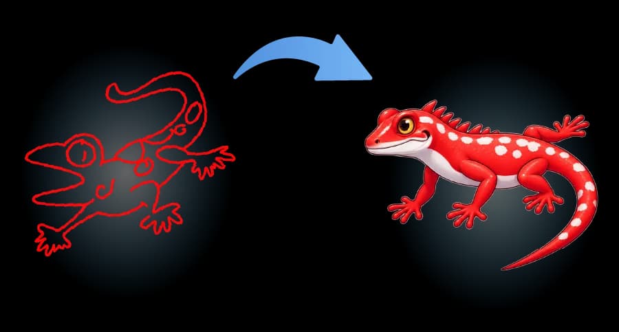 A hand-drawn outline of a gecko turned into a fully rendered illustration by CollaNote's AI