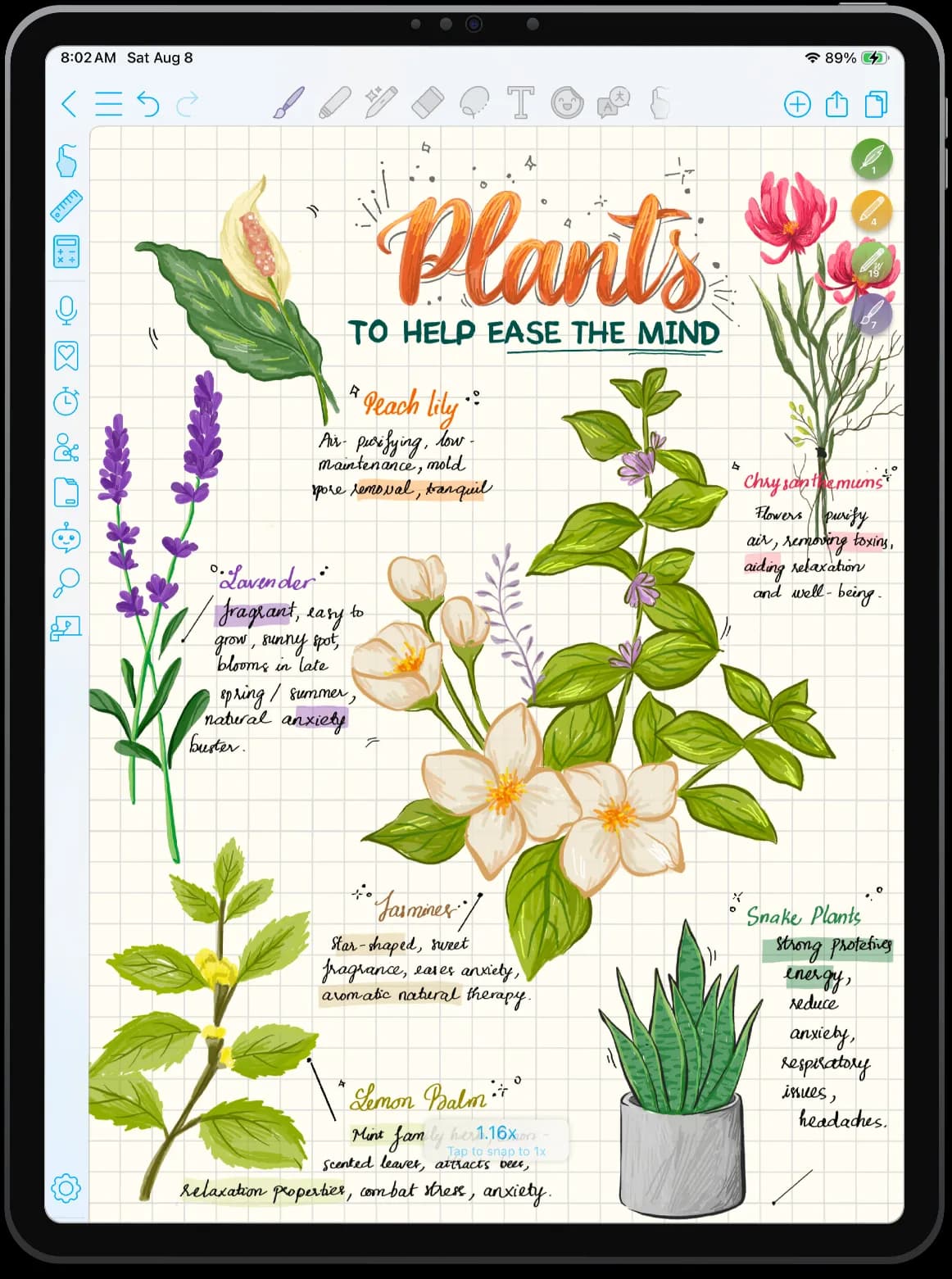 An iPad running CollaNote, showing a hand-illustrated botany note titled “Plants to help ease the mind”