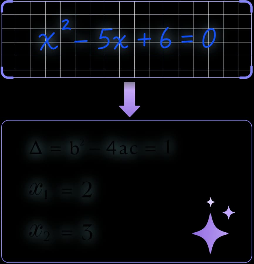CollaNote solving x² − 5x + 6 = 0, giving x₁ = 2 and x₂ = 3